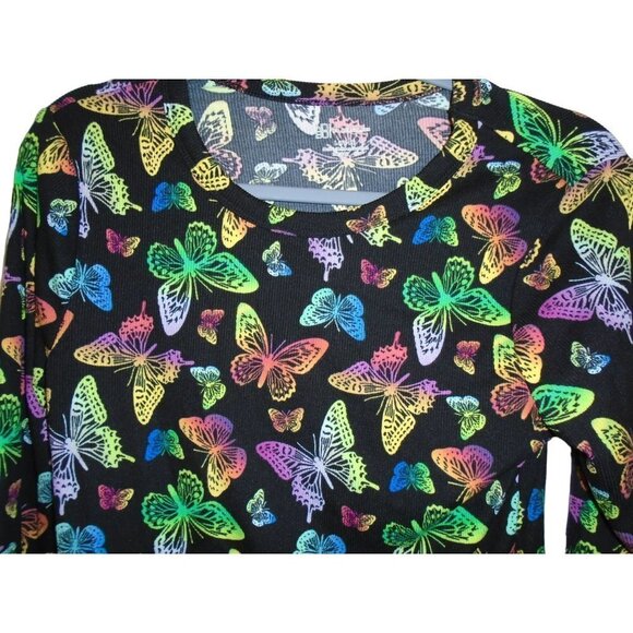 No boundaries Large (11-13) Juniors Butterfly Print Neon Multicolor on Black - Picture 2 of 5